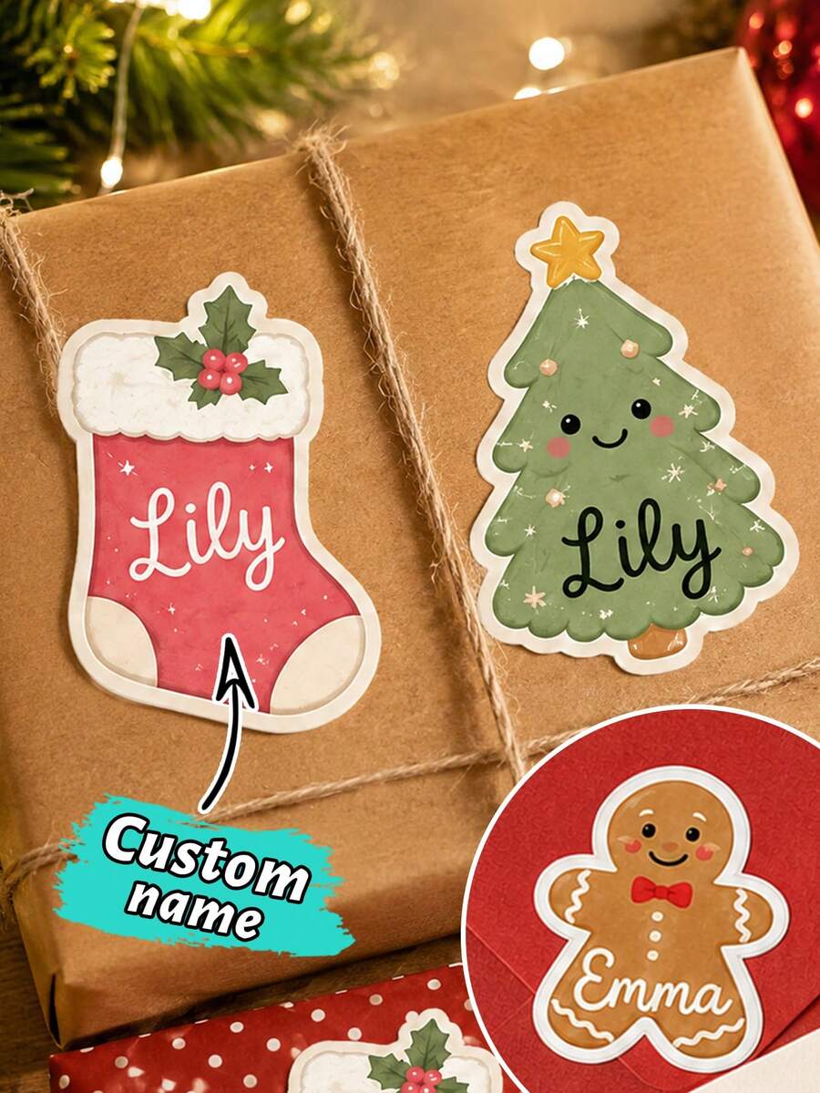 20-200pcs Custom Christmas Name Stickers, Personalized Gingerbread Stocking Tree Gift Labels, Festive Holiday Style, Customized Gift Stickers, Customizable Name Labels, Christmas Gift Wrapping Decor, Holiday Party Favors, Christmas Stickers - Style a - View 1