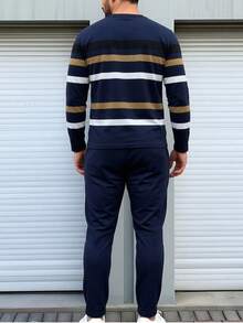 Men's Autumn/Winter Daily Commute Striped Patchwork Print Crew Neck Long Sleeve T-Shirt And Pants Set - Multicolor - View 2