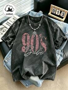 Plus Size Women's 90s Vintage Print T-Shirt, Retro Large Letter Pattern Casual Short Sleeve Washed Top Black Summer - Black - View 9