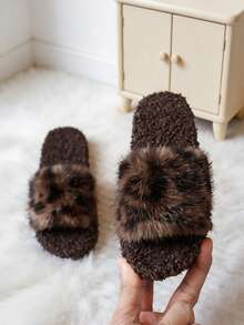 Children's Fashion Brown Leopard Print Warm Slippers Suitable For Girls, Cute Indoor Slippers For Autumn/Winter - Brown - View 2
