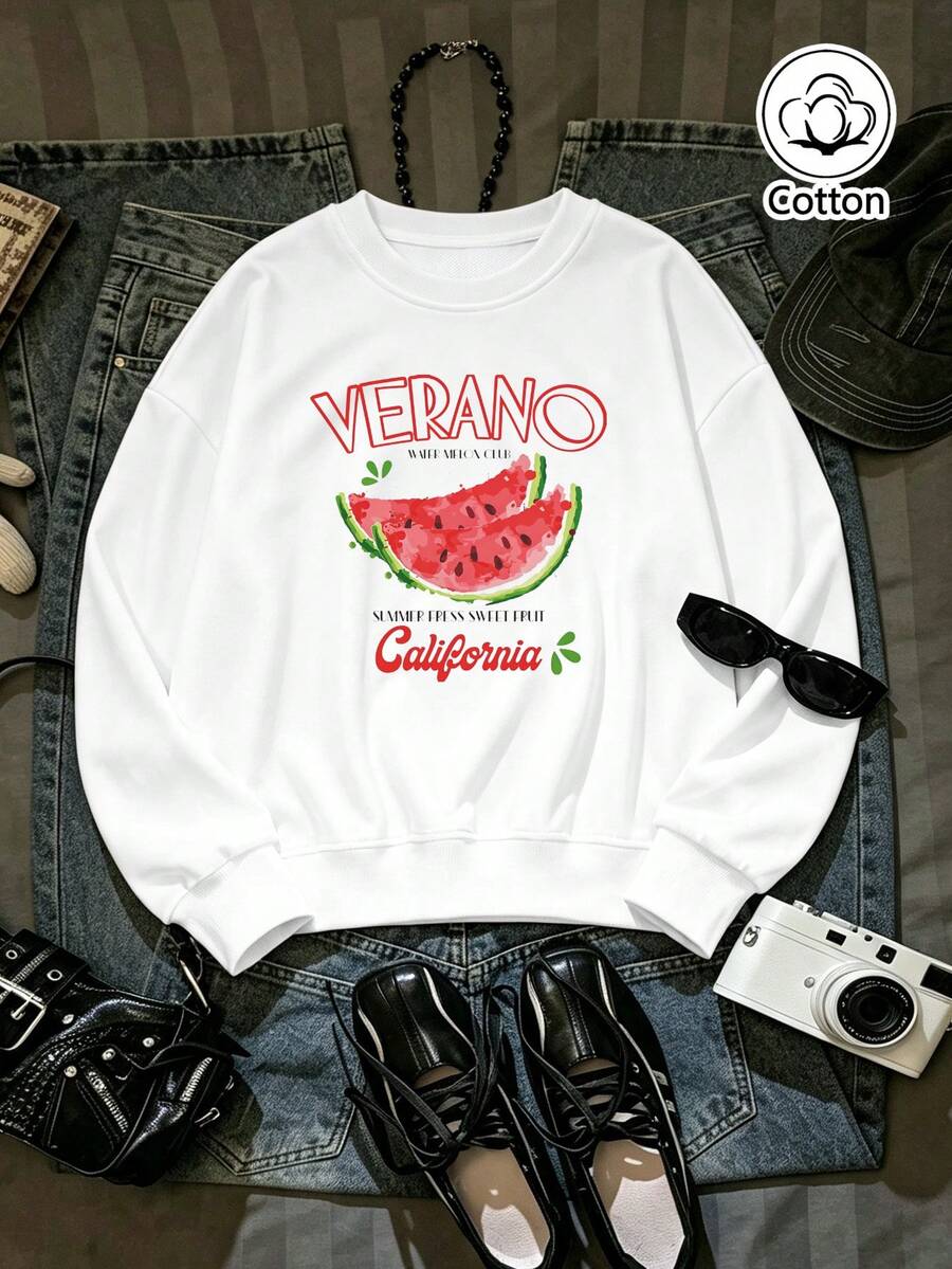 Women's Loose Fit Crew Neck Sweatshirt With Watermelon Graphic & Text Print, Breathable Casual Pullover For Spring Summer Daily Wear - White - View 1