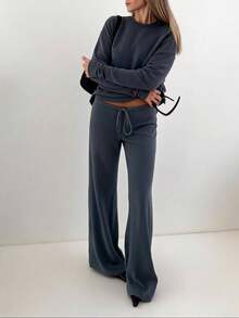 Women's Casual Solid Color Long Straight Leg Pants With Medium Stretch - Dark Grey - View 3