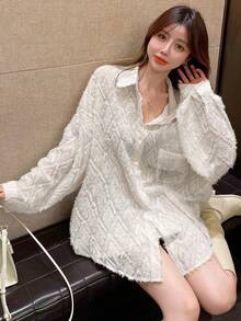 Women's Solid Color Tassel Single-Breasted Loose Pocket Shirt, Random Cut - White - View 3