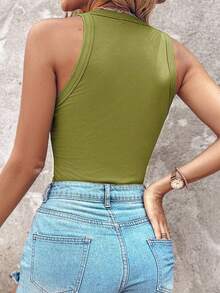 ChicMe Sleeveless Ribbed Knit Tank Top, Fitted Style, Basic Casual Everyday Wear For Women Elegant Summer - Army Green - View 3