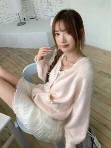 Korean Style Soft Knit Cardigan Women Autumn/Winter Lace Pocket Bow Short Sweater Jacket Loose Fit Top - Pink - View 2