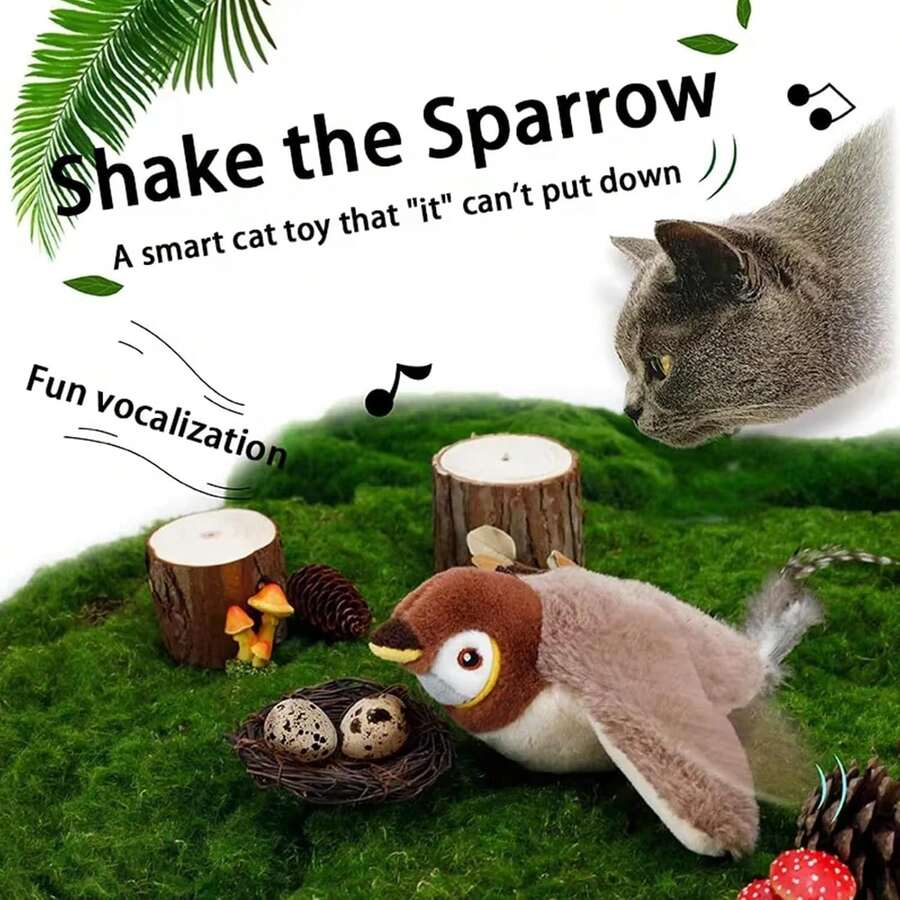 Interactive Chirping Bird Cat Toy With Flapping Wings, Non-Flying Bird Cat Toy, Simulated Flight Electric Sparrow Vibrating Hunting Pet Toy For Indoor Use (Brown Upgraded Version)