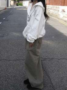 Sweatshirt Hoodie Resleting dengan Cetakan Huruf Bergaya Retro Kasual - Putih - View 9