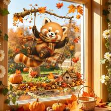 1PC Fall Autumn Village Static Window Stickers, Cute Harvest Houses Maple Leaf Pumpkin Acorn Flying Birds Decal, Static Cling No Glue Easy Removable, For Glass Window, Door, Shop Window, Home Thanksgiving Decor - Multicolor - View 10