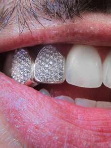 1件裝雙鋯石鑲嵌個性化亮面金屬嘻哈牙套 Grillz，派對日常裝飾，男女通用 - 彩色 - 查看 2