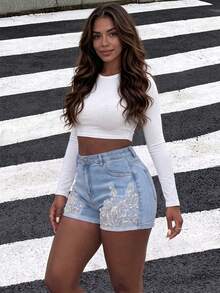 Sequin Embroidered Denim Shorts, Sexy Tight Stretch Shorts For Women Casual Summer - Light Wash - View 6