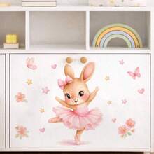 1pc Pink Ballet Rabbit Decorative Wall Sticker, Floral Butterfly Star Combination Bedroom Self-Adhesive Paper - Multicolor - View 6
