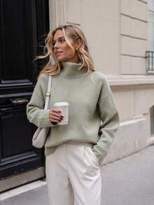 Women's Autumn/Winter High Neck Knit Sweater Loose Long Sleeve Soft Wool Sweater - Olive Green - View 4