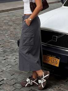 Women Fall Elegant Cargo Midi Skirt, Elastic Drawstring Waist Side Pocket Back Split Straight Skirt For Holiday Festival - Grey - View 11