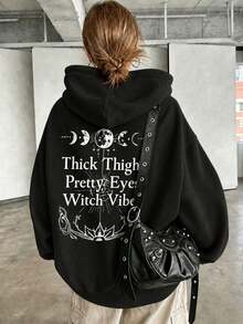 Plus Size Women's Drop Shoulder Hooded Sweatshirt With Moon Phase Graphic And "Witchy Vibes" Slogan, Outdoor Sports Summer Black Casual - Black - View 2