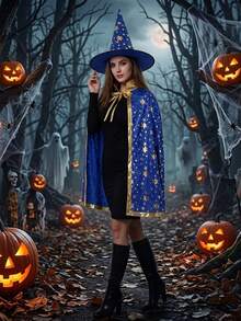 2pcs Halloween Satin Gold Foil Star Cape & Hat Set, Adult Wizard Magician Witch Costume, Stage Performance And Party Outfit - Multicolor - View 6