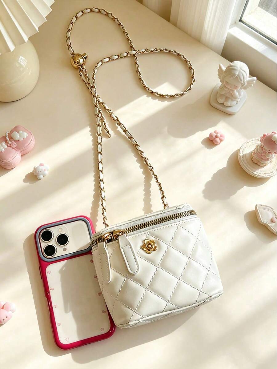 Quilted Mini Crossbody Bag, Gold Hardware Chain Shoulder Bag, Suitable For Daily, Party And Date Small Zipper Square Bag - Multicolor - View 1