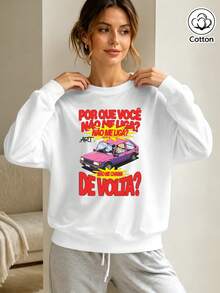 Women's Retro Street Style Loose Fit Cotton Crew Neck Sweatshirt With Cartoon Car Print And Portuguese Text, Breathable Casual - White - View 2