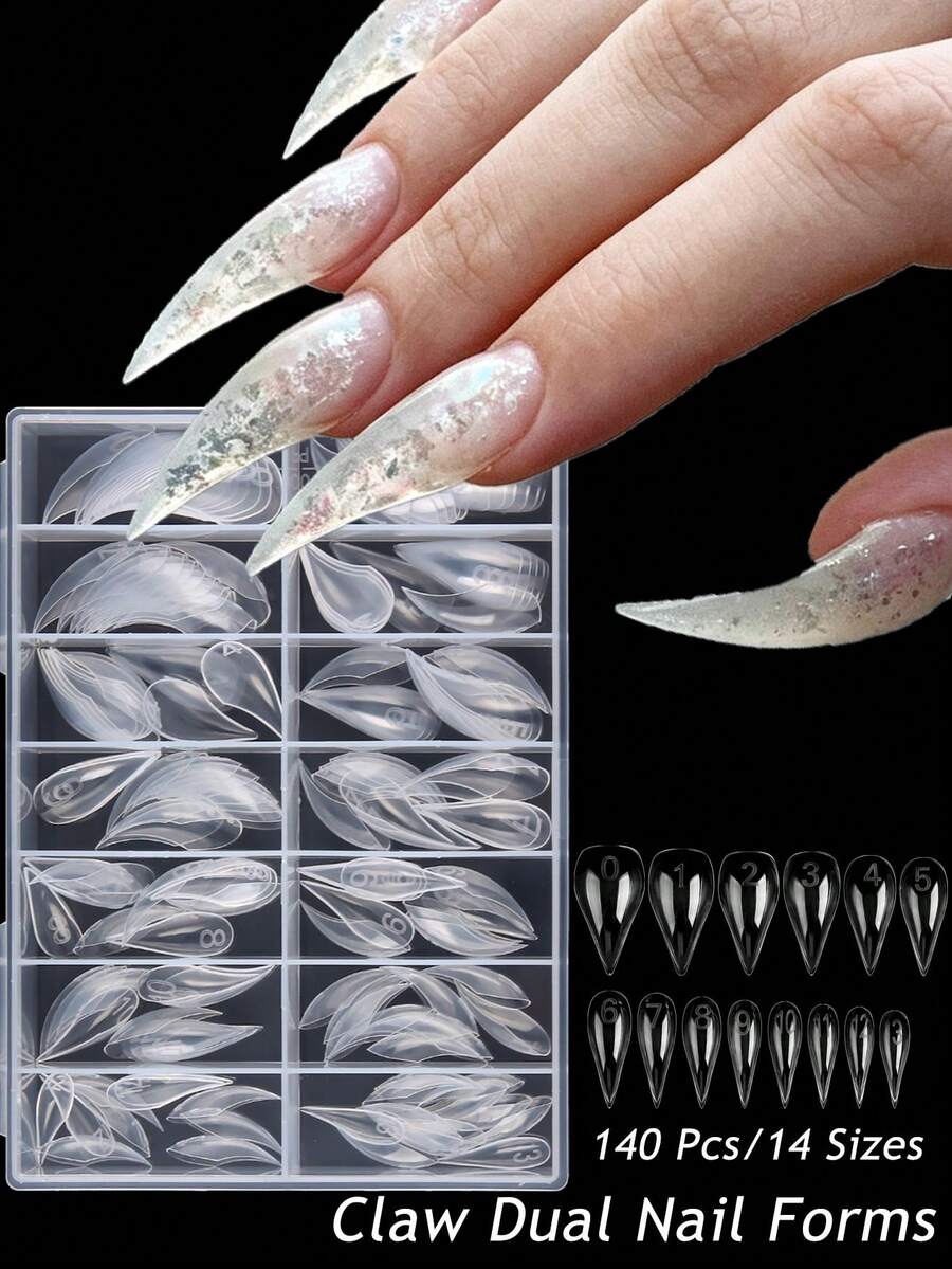 Short Cat Claw Curved Pointed Nail Art Double-Sided Molds, Reusable Full Coverage Nail Tips, Suitable For Nail Extensions, Sculpted Acrylic Nail Design, Salon DIY Set, 140pcs - Clear - View 1