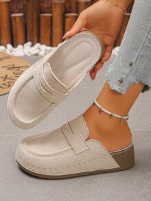 Women's Thick Sole Platform Wedge Mule Slippers, Solid Color Round Toe Casual Slip-On Shoes For Spring And Autumn Daily Wear, Beige Half-Back Slippers - Beige - View 5