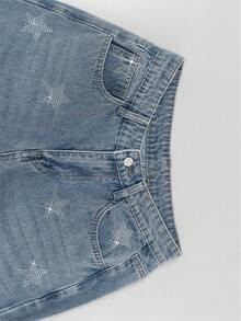 Women's European And American Style Light Blue Star Rhinestone Embellished High Waist Washed Distressed Slimming Long Jeans - Light Wash - View 6