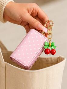 Polka Dot Cherry Print Multi-Function Storage Bag - Can Be Used As Car Key Holder, Coin Purse Or Earphone Case; With Zipper And Keychain, Can Be Attached To Handbag Or Backpack; Unisex Polka Dot Storage Bag. - Multicolor - View 2