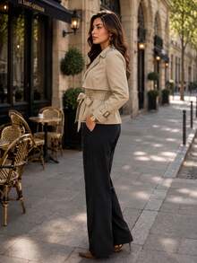 Plus Size Old Money Style Plus Size Friendly Short Trench Coat, Belted Double-Breasted Lightweight Spring/Autumn Jacket - Khaki - View 4