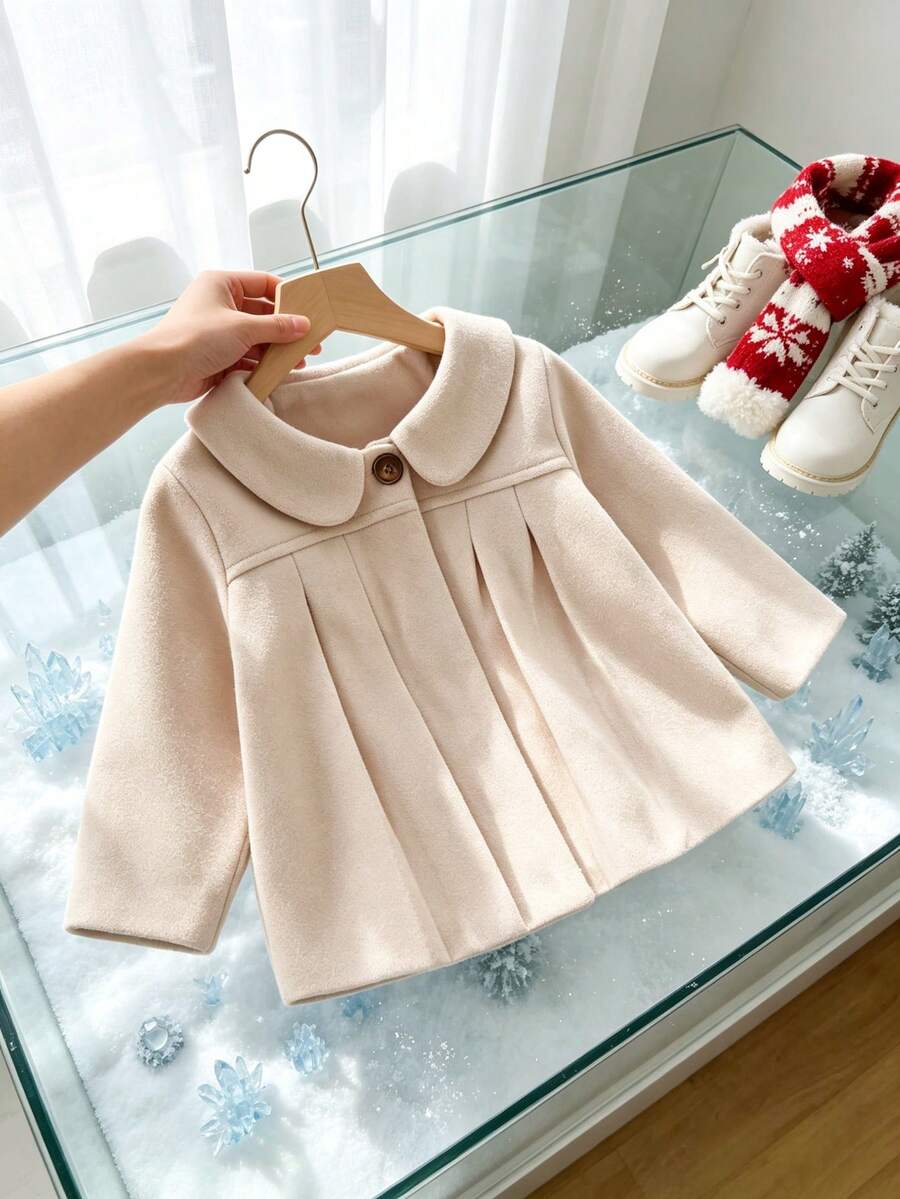 Autumn/Winter Toddler Girls Peter Pan Collar Ruffle Long Sleeve Dress Outdoor Casual Overcoat - Apricot - View 1