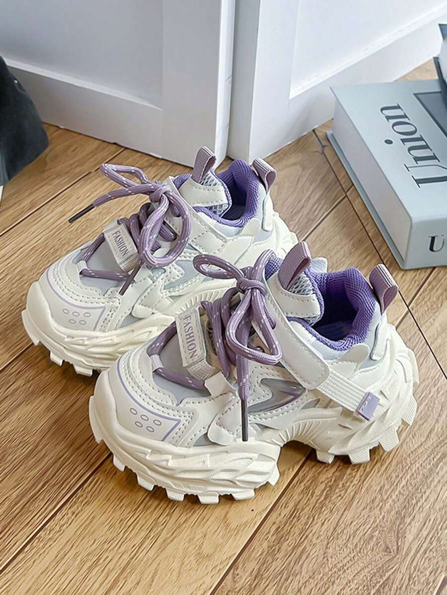 Kids' Hook And Loop Chunky Sneakers, Thick Sole Breathable Unisex Sports Shoes - Purple - View 1