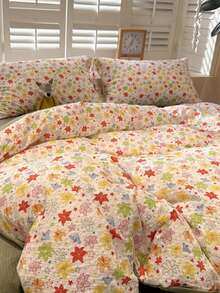 Beautiful Colorful Floral Print Bedding Set, Comfortable Bedding, Bright Flowers, Vibrant Star Pattern, Includes 1*Duvet Cover+1*Bed Sheet+1/2*Pillowcases, 100% Polyester, Duvet Cover And Pillowcases Without Fill - Sprout Green - View 1