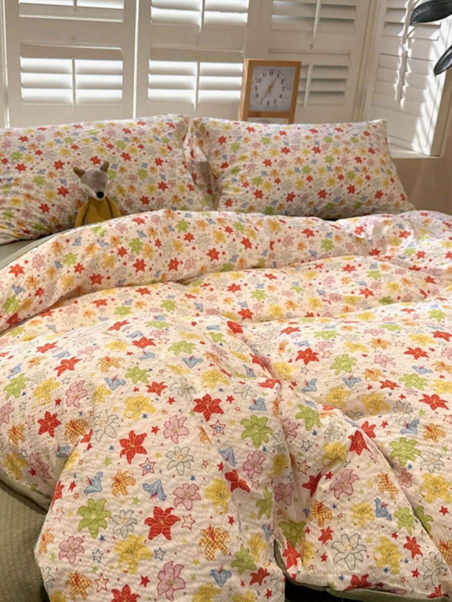 Beautiful Colorful Floral Print Bedding Set, Comfortable Bedding, Bright Flowers, Vibrant Star Pattern, Includes 1*Duvet Cover+1*Bed Sheet+1/2*Pillowcases, 100% Polyester, Duvet Cover And Pillowcases Without Fill - Sprout Green - View 1