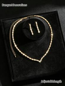 Minimalist Women's Trapezoid V-Neck Necklace & Stud Earrings Set, Suitable For Banquet, Wedding, Vacation, Holiday, Party - Gold - View 2
