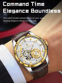 POEDAGAR 1pc Business Men's PU Leather Automatic Mechanical Skeleton Tourbillon Watch, Fashion Waterproof Luminous Wristwatch For Daily Occasions, Men's Gift - one-size - View 3