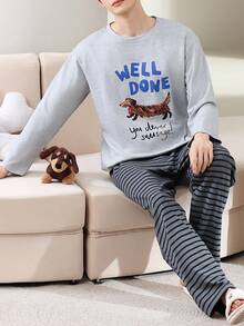 2pcs/Set Men's Pajamas Loungewear Set, Pullover Round Neck Couple Style Cute Animal Print Long Sleeve Long Pants Comfortable Home Wear - Grey - View 7