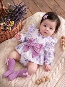 Autumn/Winter Baby Girl Purple Rose Floral Long Sleeve Bodysuit & Ruffle Flutter Sleeve Big Bow Baby Girl 100 Days Celebration Romper With Bow Long Leg Warmers Set - Mauve Purple - View 1