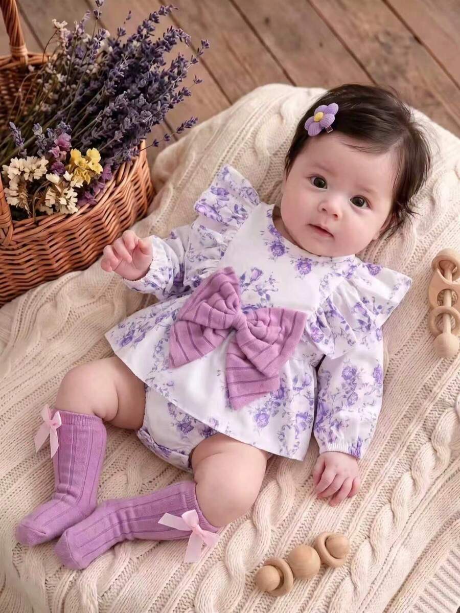 Autumn/Winter Baby Girl Purple Rose Floral Long Sleeve Bodysuit & Ruffle Flutter Sleeve Big Bow Baby Girl 100 Days Celebration Romper With Bow Long Leg Warmers Set - Mauve Purple - View 1