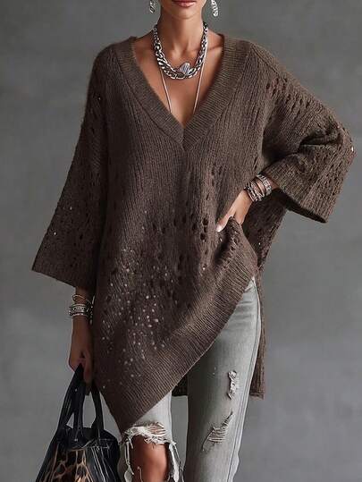 Women's Casual Cute Sexy Bohemian Style V-Neck Hollow Out Asymmetrical Hem Short Sleeve Knit Sweater Pullover Top, Autumn/Winter Outing Date Outfit