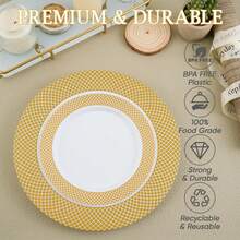 10pcs White Plastic Dinner Plate Set, Gold Rim Decoration, Washable And Reusable. Plate Size In Inches, Made Of Premium Heavy-Duty Material, Elegant Gold Rim Design, Suitable For Large Catering Events, Weddings, Birthday Parties, Graduation Balls, Dinner Parties, Gatherings And Christmas Occasions - Gold - View 5