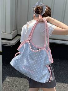 Embroidered Polka Dot Tote Bag, Y2K Sweet Cool Style, Large Capacity Shoulder Bag For Commuting, No Pendant, No Pendant - Grey - View 4