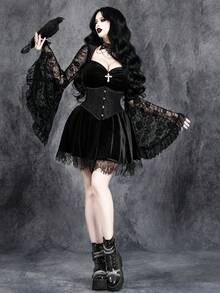 Gothic Sexy Velvet Stretch Dress With Metal Pendant, Dark Style, Lace Patchwork, Suitable For Halloween Party, Cosplay And Witch Style - Black - View 6