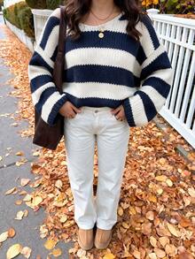 FOR BEAUTY Fall Winter Women Sweaters Y2K Elegant Chic Striped Off Shoulder Chunky Knit Oversized Sweater Tops Casual Party Going Out Outfits - Dark Blue and White - View 1