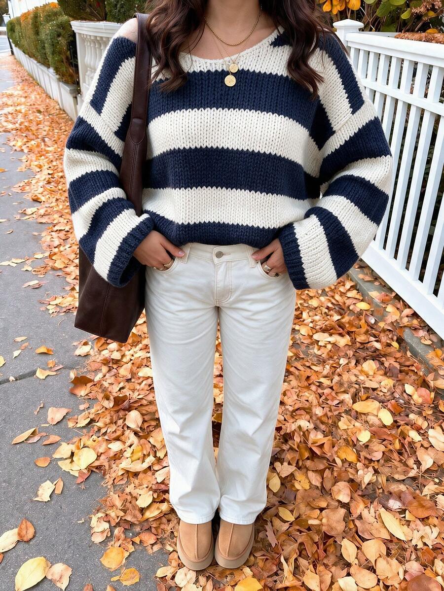 FOR BEAUTY Fall Winter Women Sweaters Y2K Elegant Chic Striped Off Shoulder Chunky Knit Oversized Sweater Tops Casual Party Going Out Outfits - Dark Blue and White - View 1