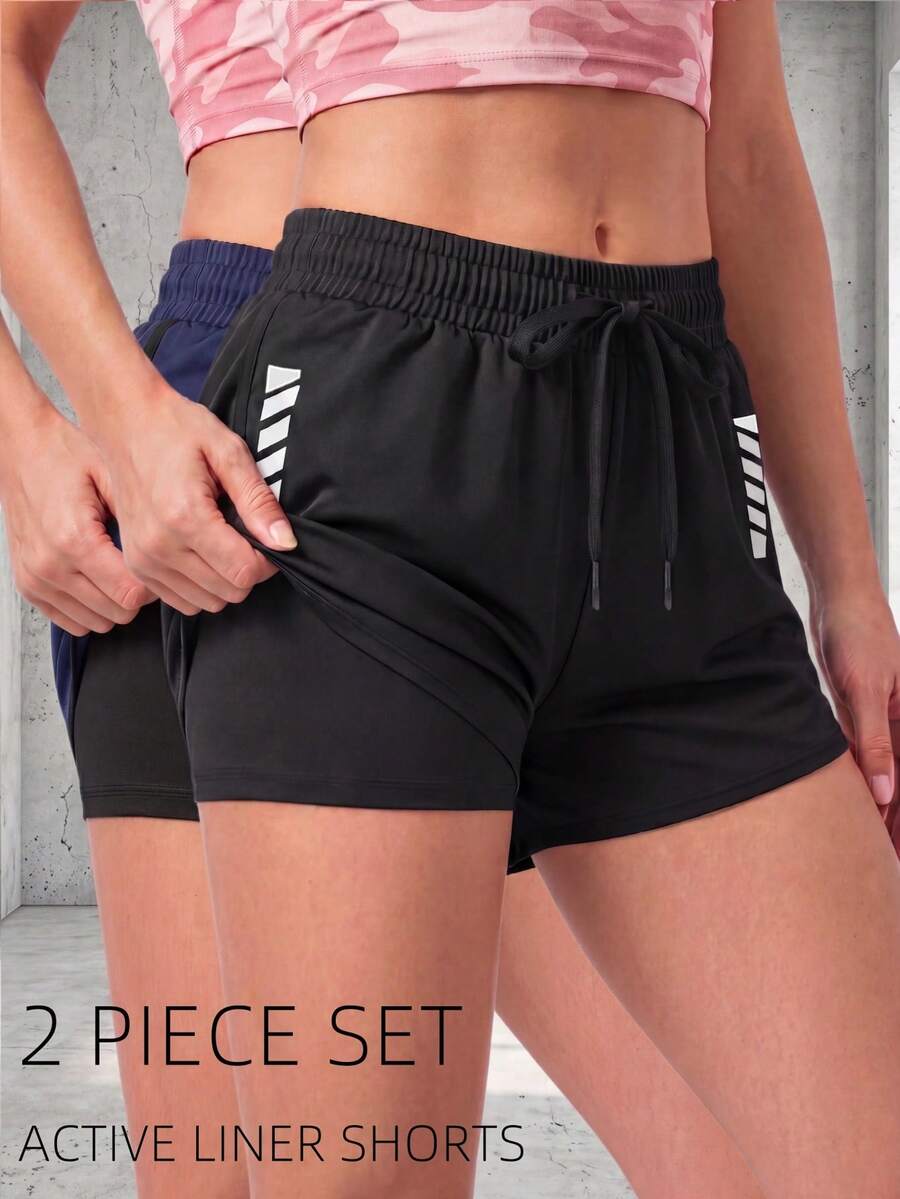 2PCS 2 In 1 Liner Shorts Women's Sports Shorts, Solid Color Inner Lining 2 In 1 Athletic Pants, Elastic Two Pieces Set, Suitable For Running, Sports, Yoga, Fitness, Workout In Summer - Multicolor - View 1