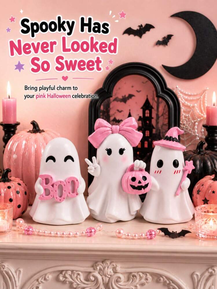 Pink Halloween Ghost Decor - Cute Kawaii Macaron Color Halloween Decoration With Pumpkin, Small Resin Desktop Ornament, Suitable For Multi-Tier Tray, Perfect Gift For Women - Multicolor - View 5