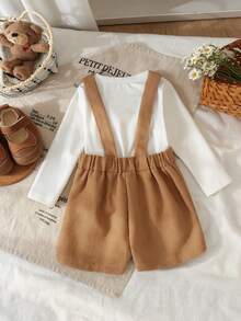 2pcs Baby Girl Solid Color Minimalist Long Sleeve Top & Corduroy Side Bow Split Strap Skort Set, Spring/Autumn Thin - White - View 2