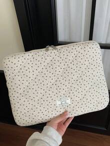 Korean Style Floral Quilted Laptop Sleeve, Multi-Size Shock-Resistant Inner Bag, Made Of Soft Quilted Fabric, Fresh & Minimalist, Double Zipper Opening With Thick Cushion Layer, Can Store Laptop, Tablet, Phone And Other Digital Devices, Available In 11/13/15 Inch Sizes, Suitable For Students, Commuters, Daily Commute And Business Travel - White - View 8