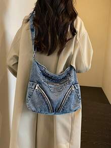 Korean Vintage Lazy Washed Denim Shoulder Bag For Women, Large Capacity Multi-Pocket Casual Distressed Crossbody Bag - Dusty Blue - View 3
