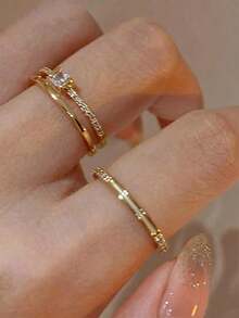 2pcs Gold Minimalist Exquisite Niche Design Premium Luxury Double Layer Ring Set Suitable For Women Daily Holiday Commute Wear - Gold - View 4