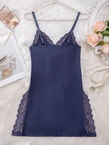 女式撞色蕾丝吊带裙，蝴蝶结装饰，侧开衩 - 藏蓝色 - 查看 4
