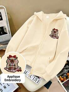 Girls Zip Up Hoodie, Cute Cartoon Rodent Animal Applique Embroidery Long Sleeve Hooded Jacket, Tween Girl Casual Sweatshirt - Apricot - View 1