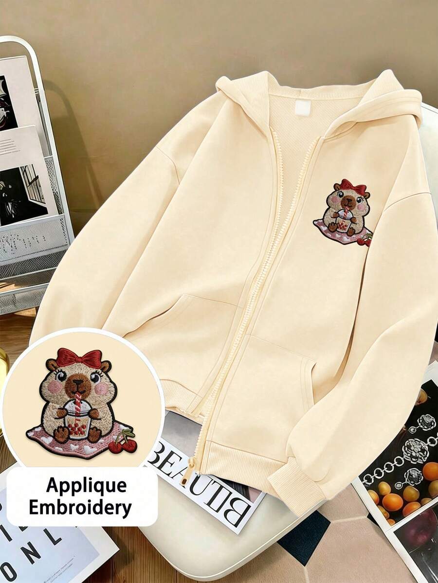 Girls Zip Up Hoodie, Cute Cartoon Rodent Animal Applique Embroidery Long Sleeve Hooded Jacket, Tween Girl Casual Sweatshirt - Apricot - View 1